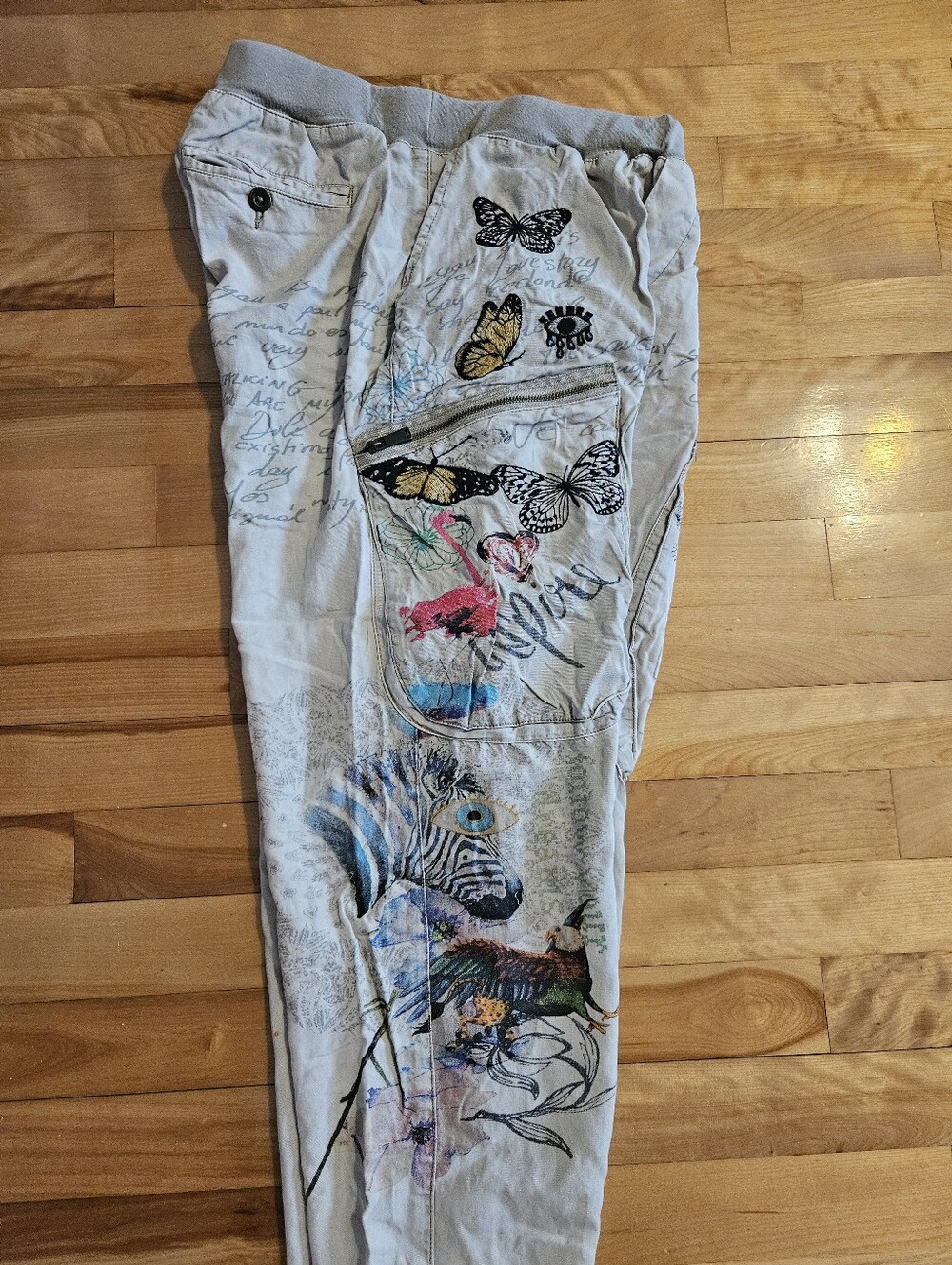 Desigual Trousers Miner-Style Pants Beige With Gorgeous Flowers Butterflys Eyes - Picture 7 of 9